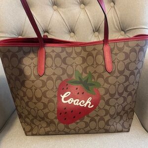 Coach Signature Tote with Red and Brown Strawberry Design